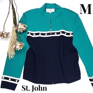 🔴 St. John Sport Marie Gray Navy Turquoise White Sweater Cardigan Blazer